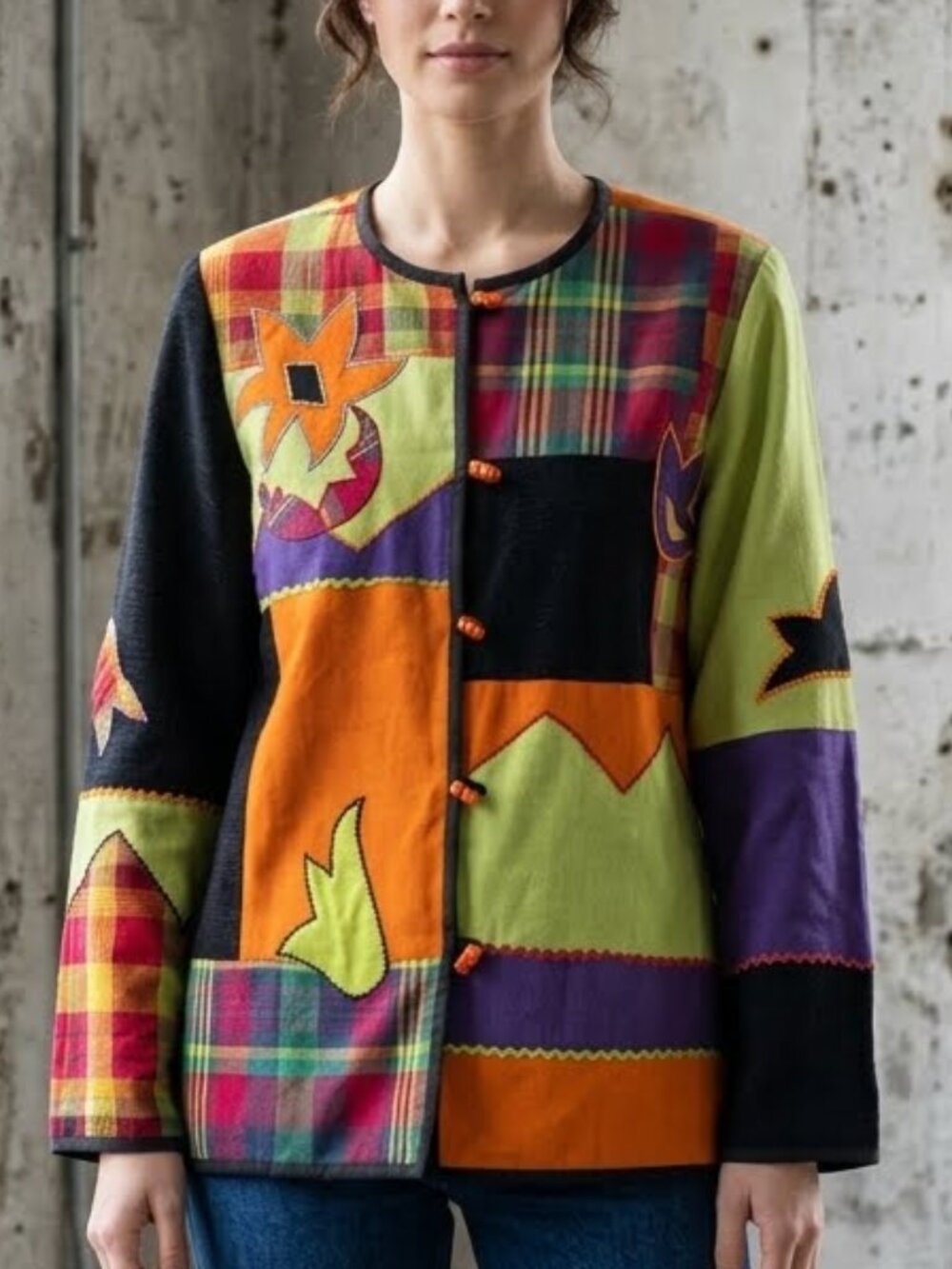 Alex Kim Floral Patchwork Jacket Art To Wear Vintage 90s Embroidered Plaid Large